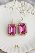 Dark Pink Drop Earrings, Hot Pink Crystal Drop Earrings, Pink Blue Emerlad Cut Earrings, Gift For Woman, Handmade Earrings, Pink Earrings
