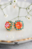 Orange Crystal Stud Earrings, Orange Gold Stud Earrings, Blue Orange earrings, Bridesmaids jewelry, Burnt Orange Crystal Earrings