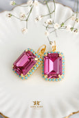 Dark Pink Drop Earrings, Hot Pink Crystal Drop Earrings, Pink Blue Emerlad Cut Earrings, Gift For Woman, Handmade Earrings, Pink Earrings