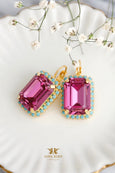 Dark Pink Drop Earrings, Hot Pink Crystal Drop Earrings, Pink Blue Emerlad Cut Earrings, Gift For Woman, Handmade Earrings, Pink Earrings