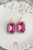 Dark Pink Drop Earrings, Hot Pink Crystal Drop Earrings, Pink Blue Emerlad Cut Earrings, Gift For Woman, Handmade Earrings, Pink Earrings