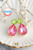 Green Pink Crystal Earrings, Neon Green Pink Crystal Stud Earrings, Summer Pink Earrings, Bridesmaids Green Pink Earrings, Gift For Her