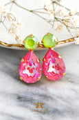 Green Pink Crystal Earrings, Neon Green Pink Crystal Stud Earrings, Summer Pink Earrings, Bridesmaids Green Pink Earrings, Gift For Her