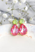Green Pink Crystal Earrings, Neon Green Pink Crystal Stud Earrings, Summer Pink Earrings, Bridesmaids Green Pink Earrings, Gift For Her