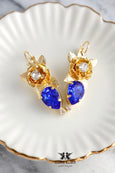 Blue Drop Earrings, Royal Blue Earrings, Bridal Blue Flower Earrings, Royal Blue Crystal Gold Earrings, Bridesmaids Earrings, Blue Earrings