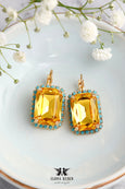 Yellow Drop Earrings, Bridal Yellow Blue Gold Earrings, Sunshine Yellow Earrings, Octagon Crystal Yellow Earrings, Gift For Woman