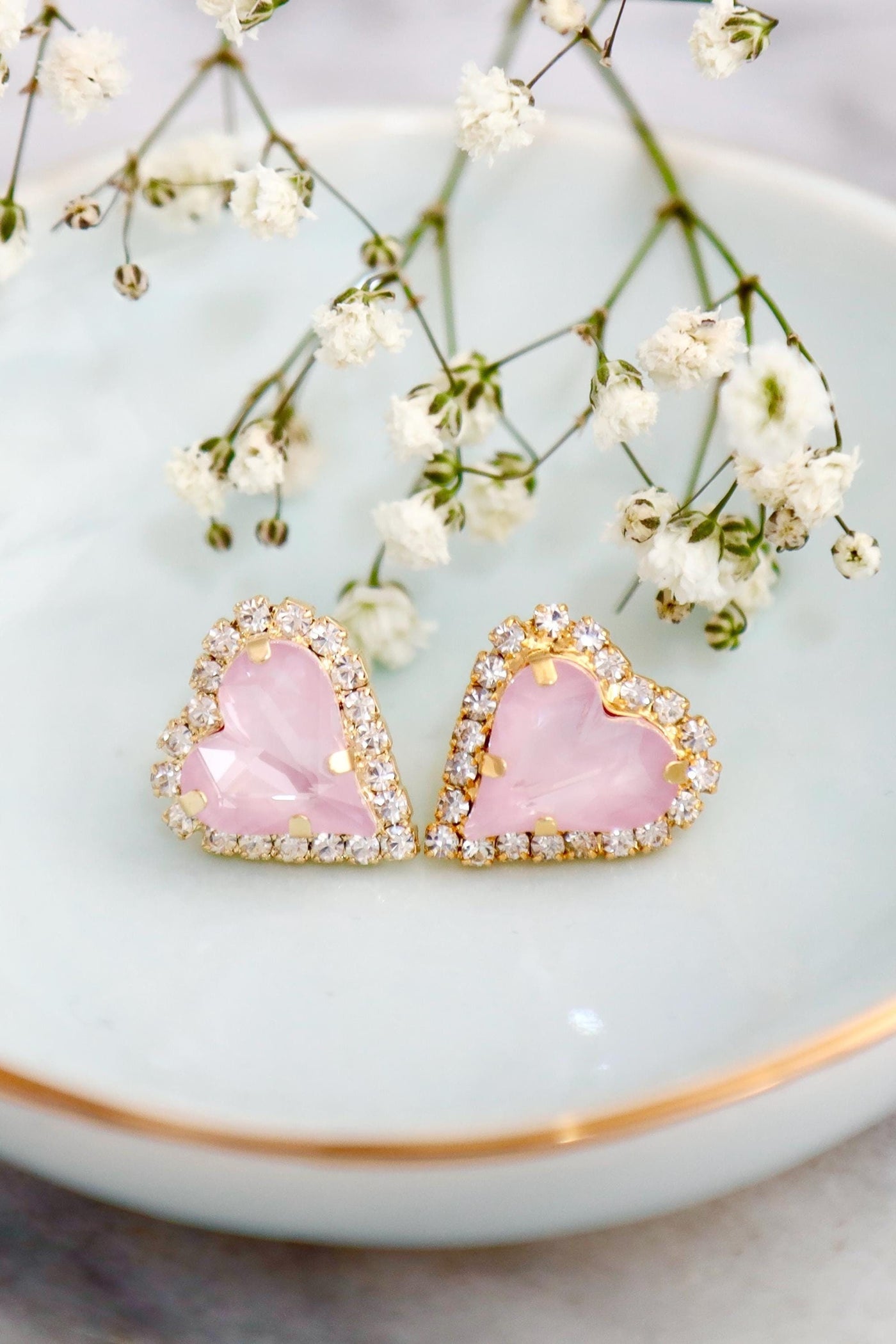 Valentine Heart Stud Earrings, Bridal Powder Pink Earrings, Heart Earrings, Valentine Gift For Her, Crystal Heart Earrings, Pink Studs, embellished with Swarovski© crystals