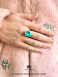 Aqua Blue Teardrop Statement Ring – Vintage Inspired Crystal Blue Cocktail Ring, Turquoise Gold Adjustable Ring, Bold Jewelry for Women