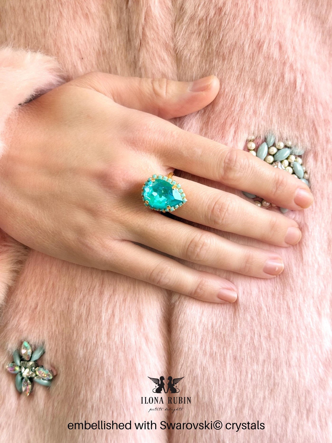 Aqua Blue Teardrop Statement Ring – Vintage Inspired Crystal Blue Cocktail Ring, Turquoise Gold Adjustable Ring, Bold Jewelry for Women