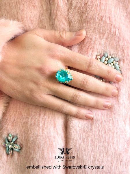 Aqua Blue Teardrop Statement Ring – Vintage Inspired Crystal Blue Cocktail Ring, Turquoise Gold Adjustable Ring, Bold Jewelry for Women