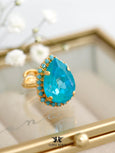 Aqua Blue Teardrop Statement Ring – Vintage Inspired Crystal Blue Cocktail Ring, Turquoise Gold Adjustable Ring, Bold Jewelry for Women