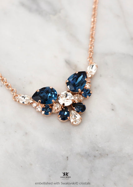 Blue Navy Necklace, Bridal Blue Navy Necklace, Dark Blue Crystal Gold Necklace, Dark Blue Crystal Necklace, Gift For Her, Statement Necklace