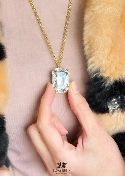 Statement Crystal Necklace, Bridal Clear Crystal Necklace, Emerald Cut Crystal Necklace, Mother of the Bride Necklace, Big Long Necklace
