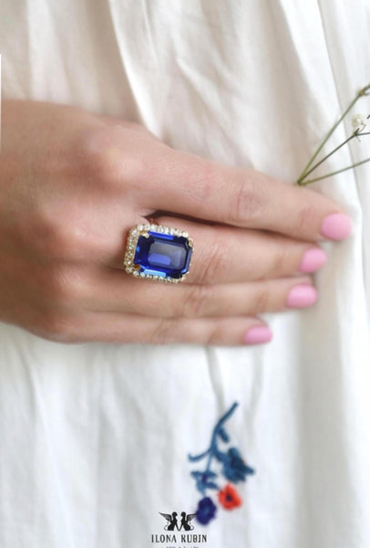 Sapphire Blue Cocktail Ring, Dark Blue Crystal Ring, Statement Blue Crystal Ring, Adjustable Cocktail Ring, Embellished with Swarovski.