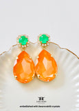 Orange Statement Long Earrings, Orange Green Crystal Chandeliers, Orange Neon Earrings, Pink Oversized Orange Chandelier Earrings