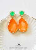 Orange Statement Long Earrings, Orange Green Crystal Chandeliers, Orange Neon Earrings, Pink Oversized Orange Chandelier Earrings