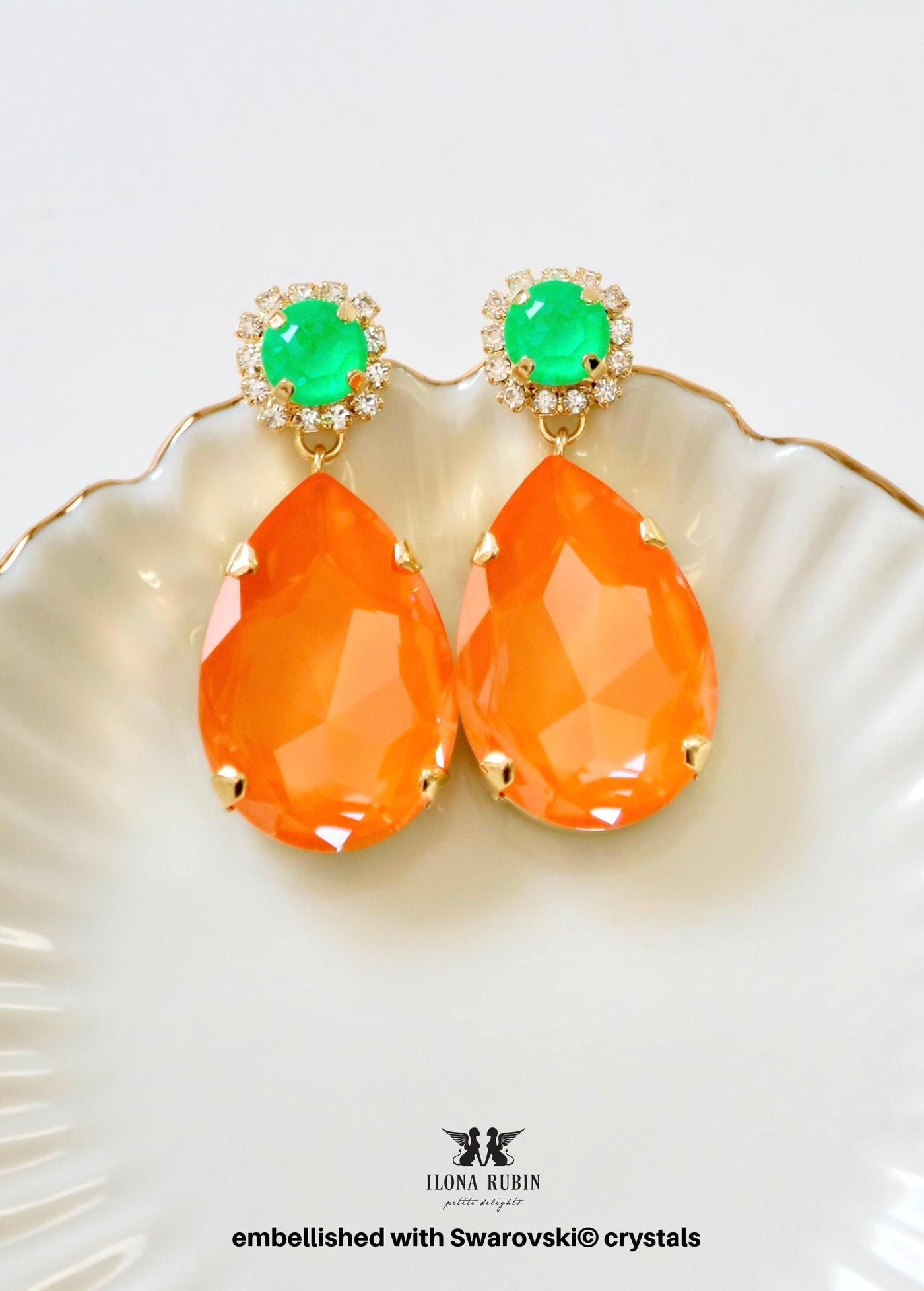 Orange Statement Long Earrings, Orange Green Crystal Chandeliers, Orange Neon Earrings, Pink Oversized Orange Chandelier Earrings
