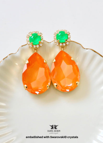Orange Statement Long Earrings, Orange Green Crystal Chandeliers, Orange Neon Earrings, Pink Oversized Orange Chandelier Earrings