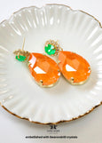 Orange Statement Long Earrings, Orange Green Crystal Chandeliers, Orange Neon Earrings, Pink Oversized Orange Chandelier Earrings