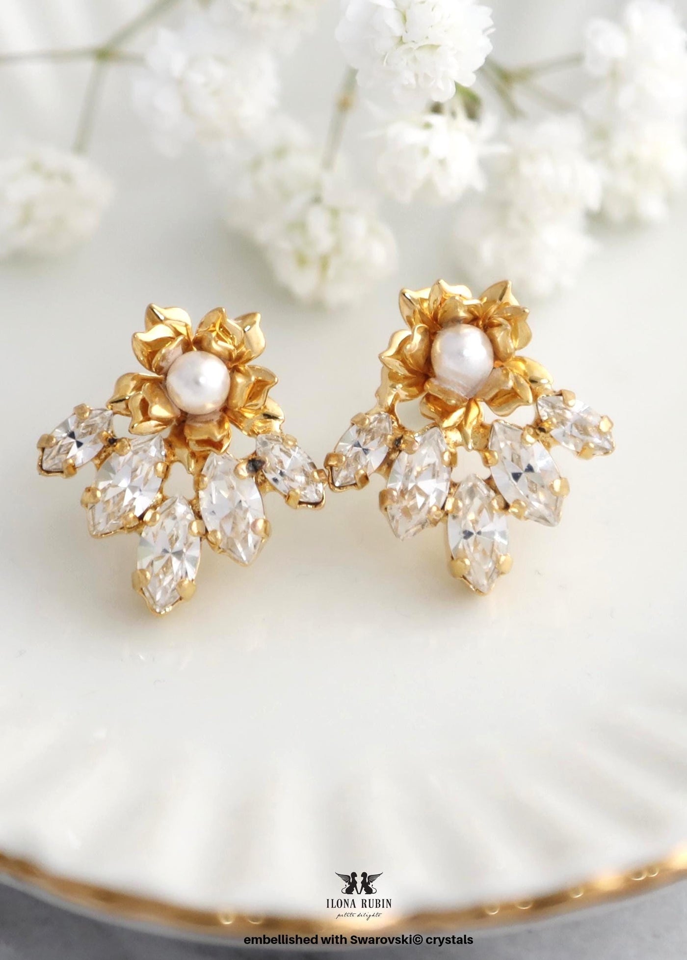 Bridal Pearl Stud Earrings, White Pearl Crystal Embellished Swarovski Stud Earrings, Handmade Bridal Pearl Earrings, Pearl Stud Earrings
