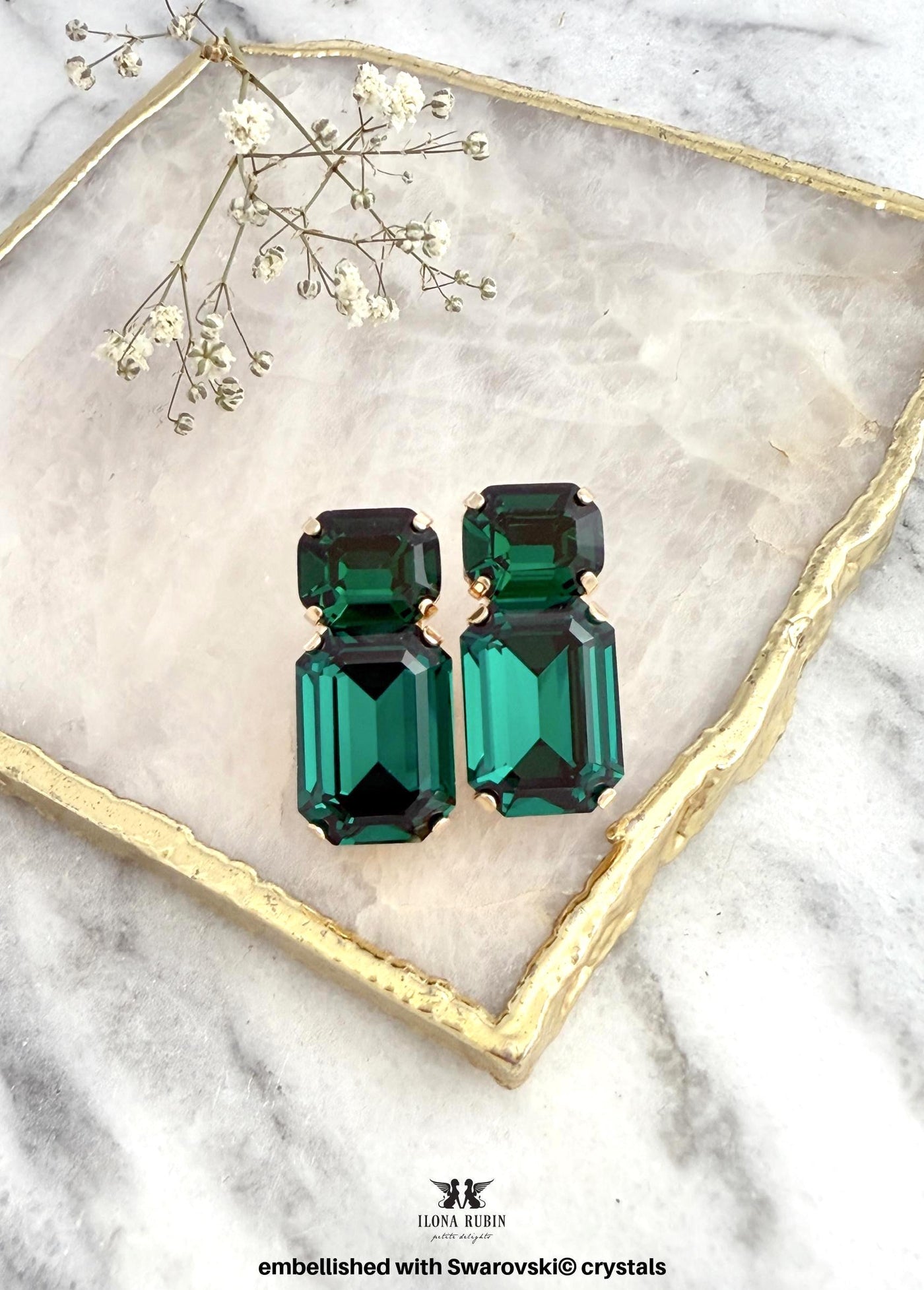 Emerald Green Crystal Stud Earrings, Swarovski Embellished Emerald Green, Emerald Cut Earrings, Bridal Dark Green Earrings, Gift for Her
