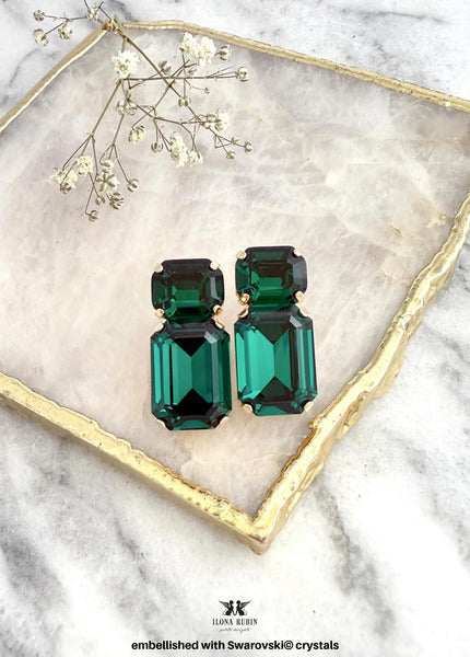 Emerald Green Crystal Stud Earrings, Swarovski Embellished Emerald Green, Emerald Cut Earrings, Bridal Dark Green Earrings, Gift for Her