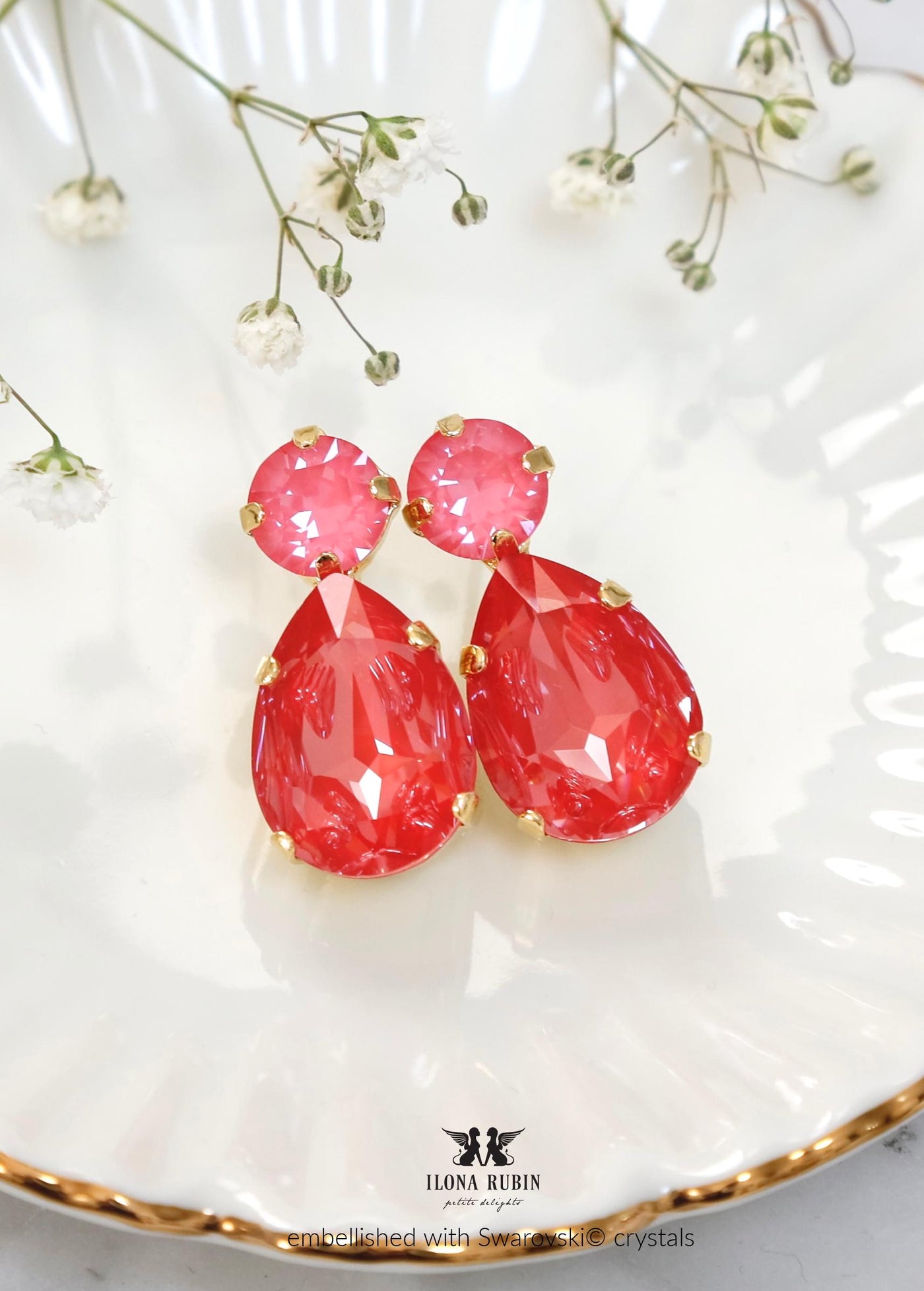 Pink Red Crystal Stud Earrings, Poppy Red Pink Dahlia Earrings, Red Stud Handmade Earrings, Bridesmaids Earrings, Pink Red Jewelry