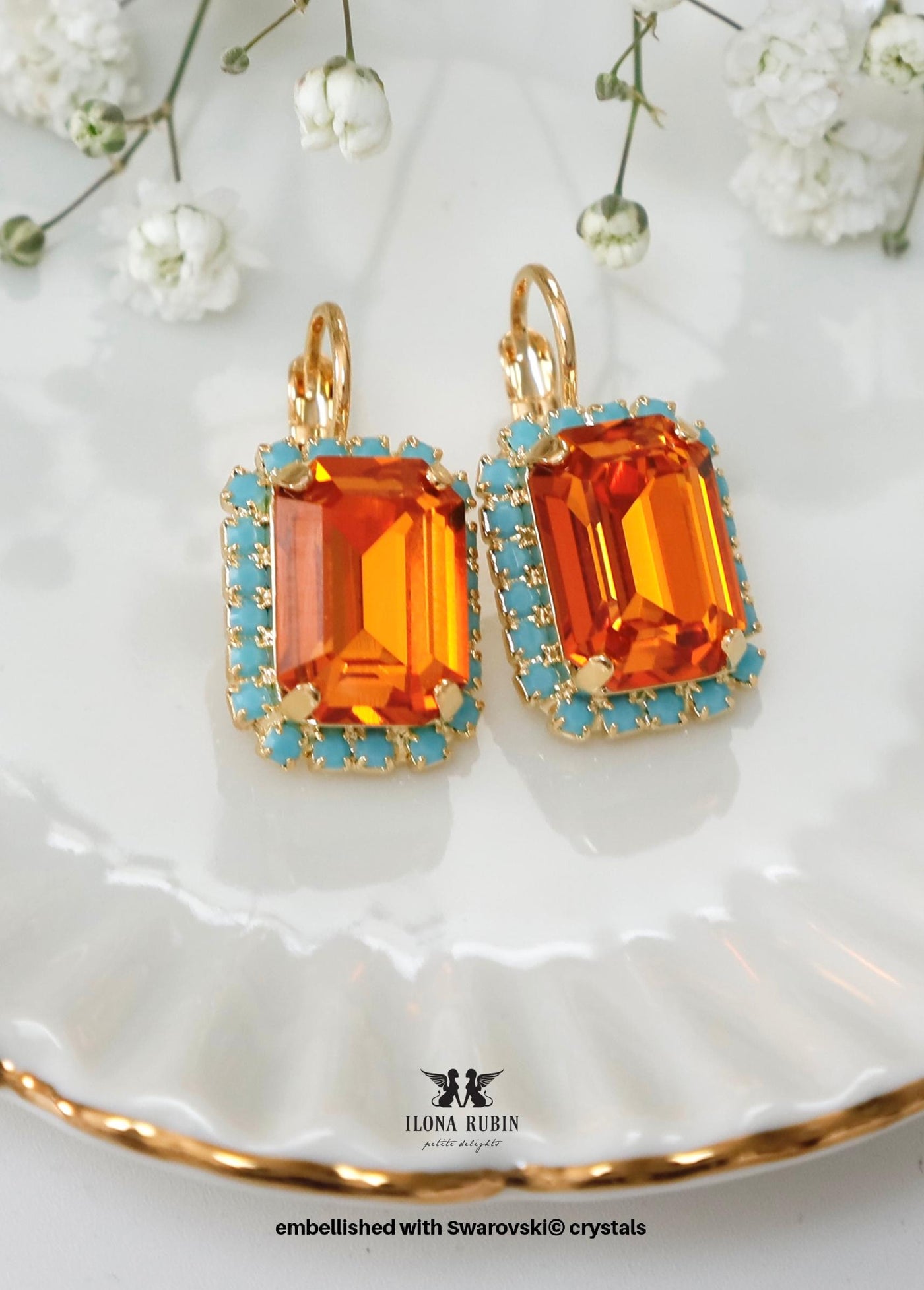 Orange Crystal Lever Back Drop Earrings, Swarovski Embellished Orange Turquoise Crystal Earrings, Emerald Cut Orange Earrings, Gift for Her