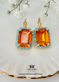 Orange Crystal Lever Back Drop Earrings, Swarovski Embellished Orange Turquoise Crystal Earrings, Emerald Cut Orange Earrings, Gift for Her