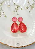 Pink Red Crystal Stud Earrings, Poppy Red Pink Dahlia Earrings, Red Stud Handmade Earrings, Bridesmaids Earrings, Pink Red Jewelry