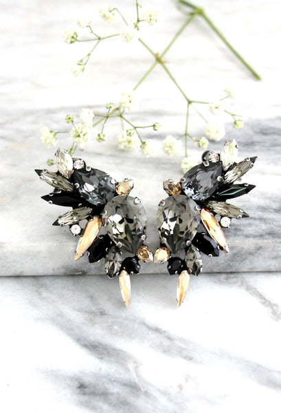 Andrea Dark Grey Climbing Earrings, Austrian Crystal Statement Gray Climbing Earrings