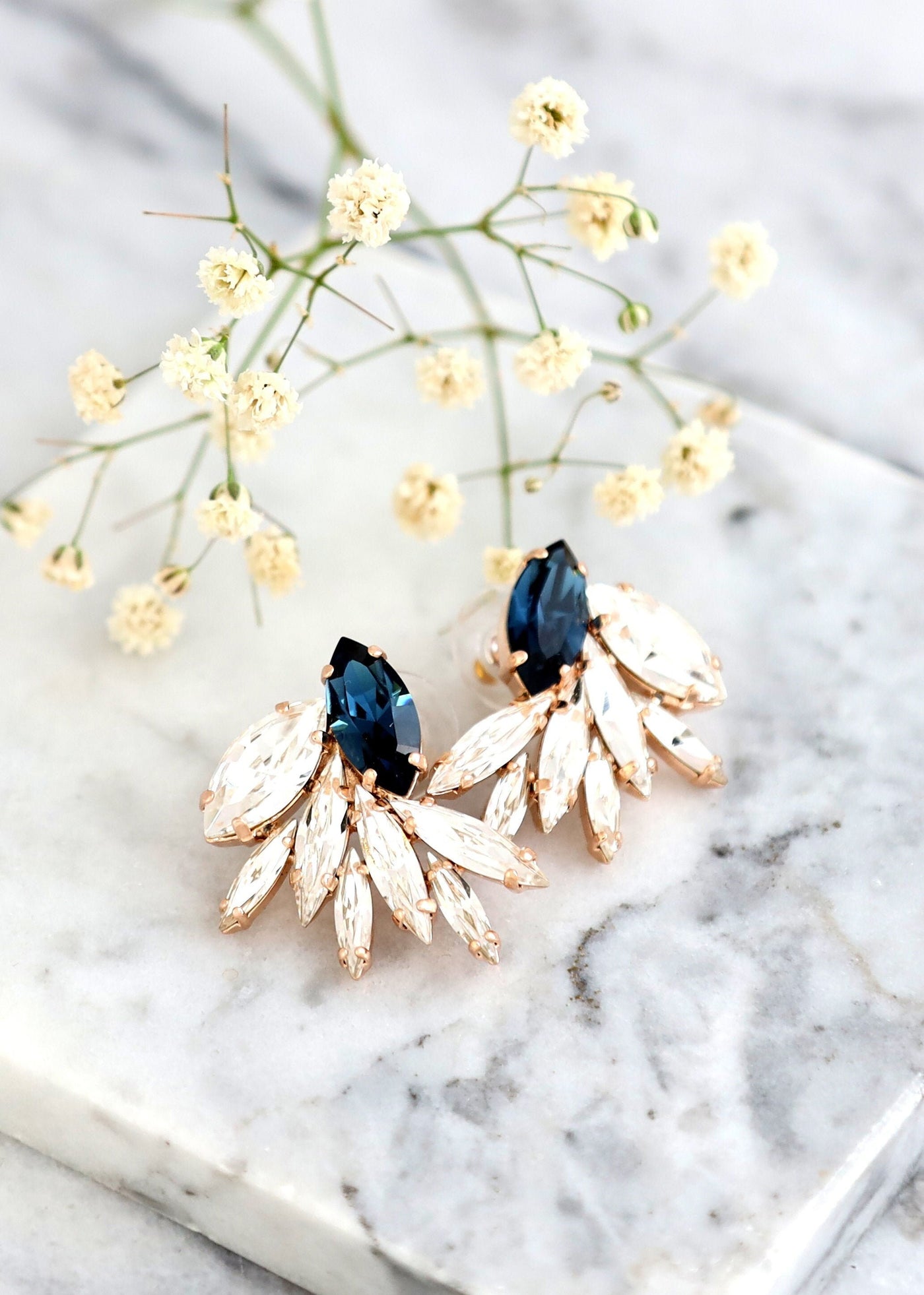 Blue Navy Earrings, Bridal Blue Navy Earrings, Bridal Blue Sapphire Crystal Earrings, Marine Blue Cluster Earrings, Dark Blue Stud Earrings