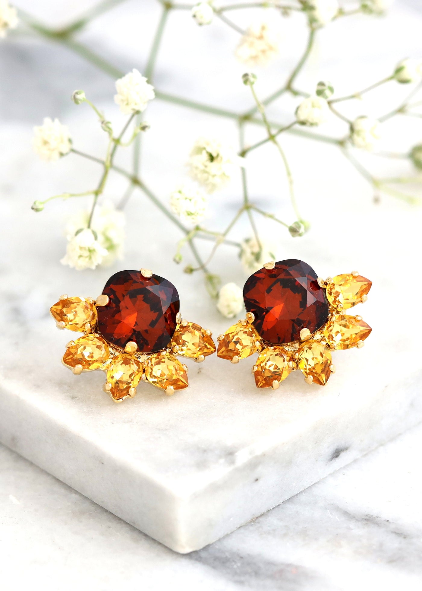 Amber Stud Earrings, Amber Crystal Earrings, Brown Crystal Earrings, Autumn Wedding Earrings, Smoked Topaz Studs, Bridesmaids Earrings