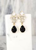 Black Crystal Earrings, Black Gold Chandelier Earrings, Black Crystal Chandelier Earrings, Black Long Drop Earrings, Old Hollywood Earrings