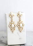 Bridal Long Crystal Earrings, Pearl Chandelier Earrings, White Pearl LONG Earrings, Bridal Statement Crystal Drop Earrings, Gift For Her