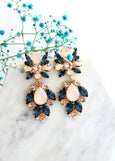Blue Navy Blush Earrings, Blue Navy Bridal Statement Earrings, Bridal Blue Blush LONG Earrings, Blue Navy Blush Rose Chandelier Earrings