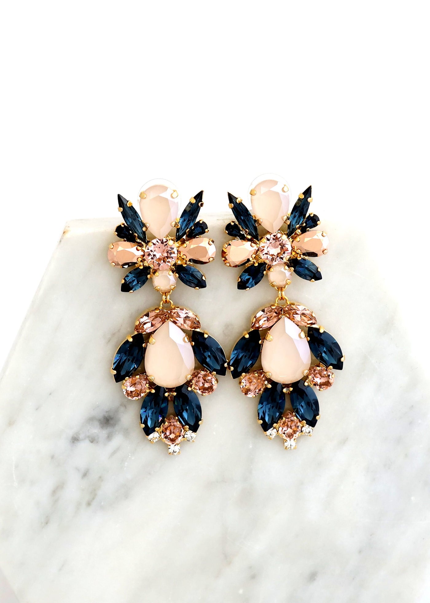 Blue Navy Blush Earrings, Blue Navy Bridal Statement Earrings, Bridal Blue Blush LONG Earrings, Blue Navy Blush Rose Chandelier Earrings