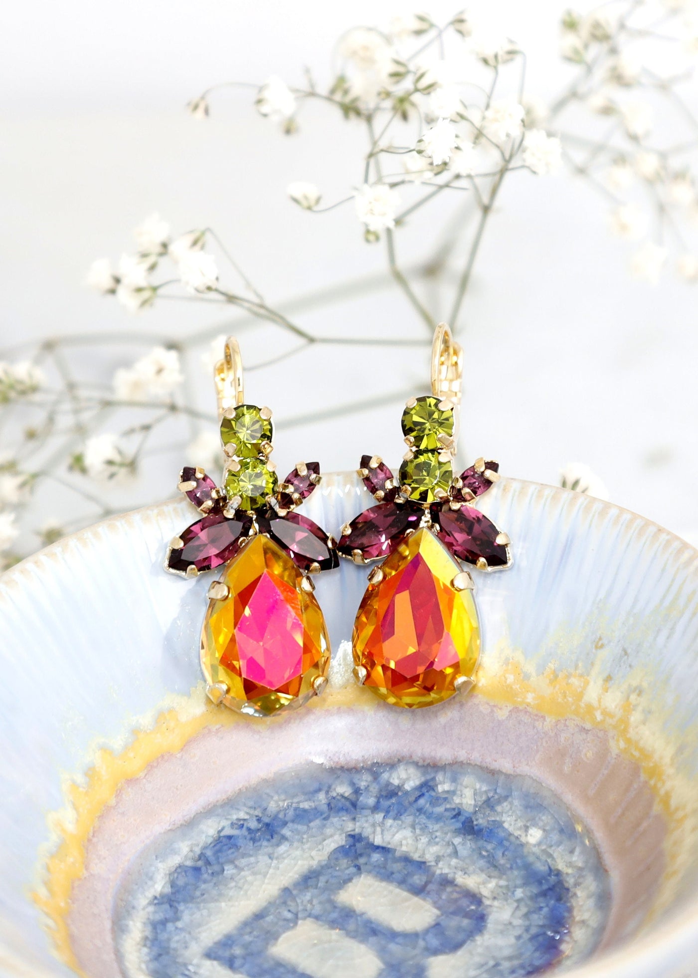 Multi Color Earrings, Orange Green Drop Earrings, Orange Purple Crystal Earrings, Orange Crystal Tropical Earrings, Orange Purple Earrings