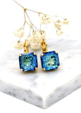 Blue Crystal Drop Earrings, Princess Cut Navy Blue Bridal Droplet Earrings, Bridal Blue Bridal Earrings Drop Earrings, Bridesmaids Earrings
