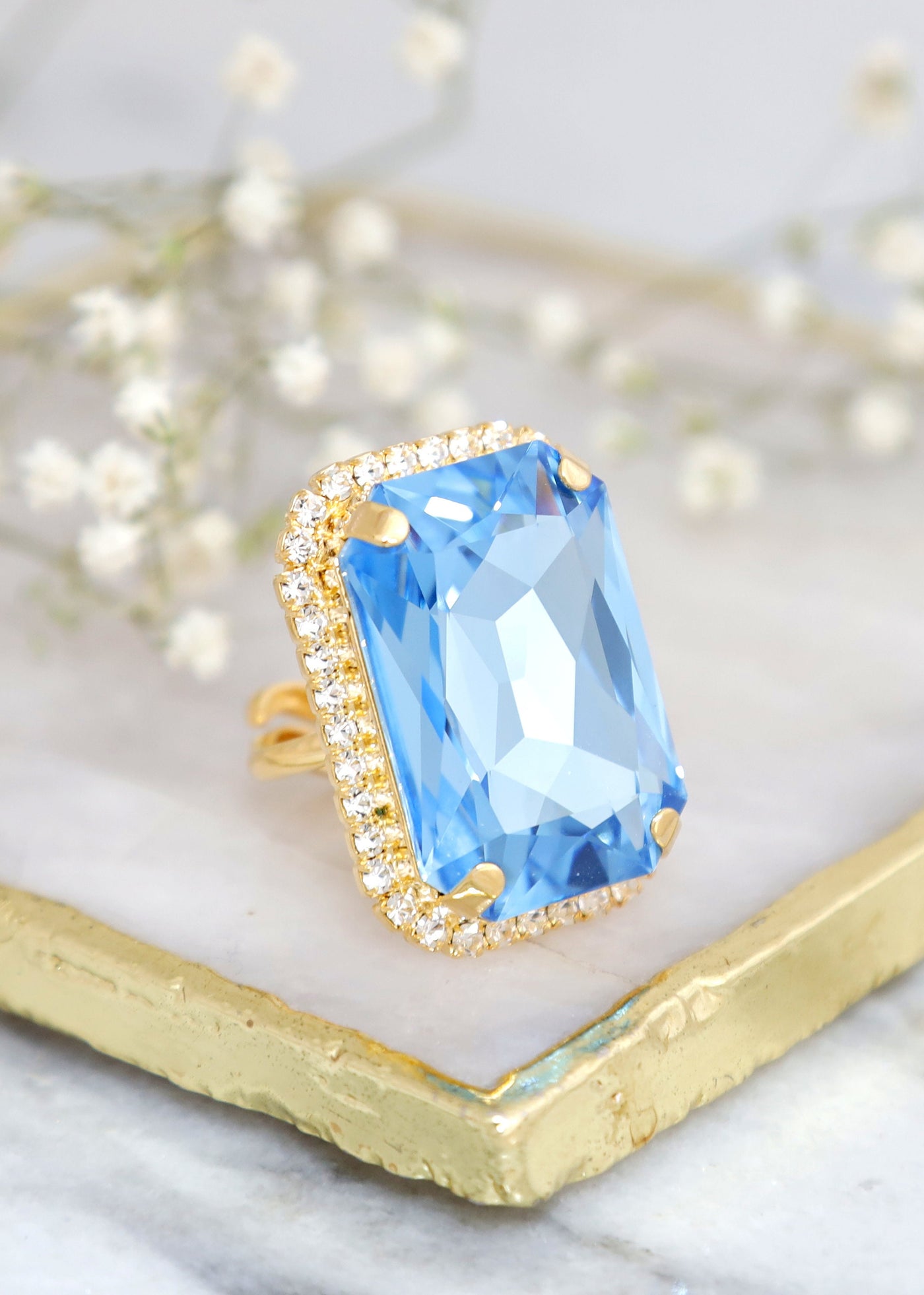 Aquamarine Cocktail Crystal Ring, Aquamarine Cut Ring, Statement Gold Crystal Ring, Adjustable Cocktail Ring, Aquamarine Statement Ring
