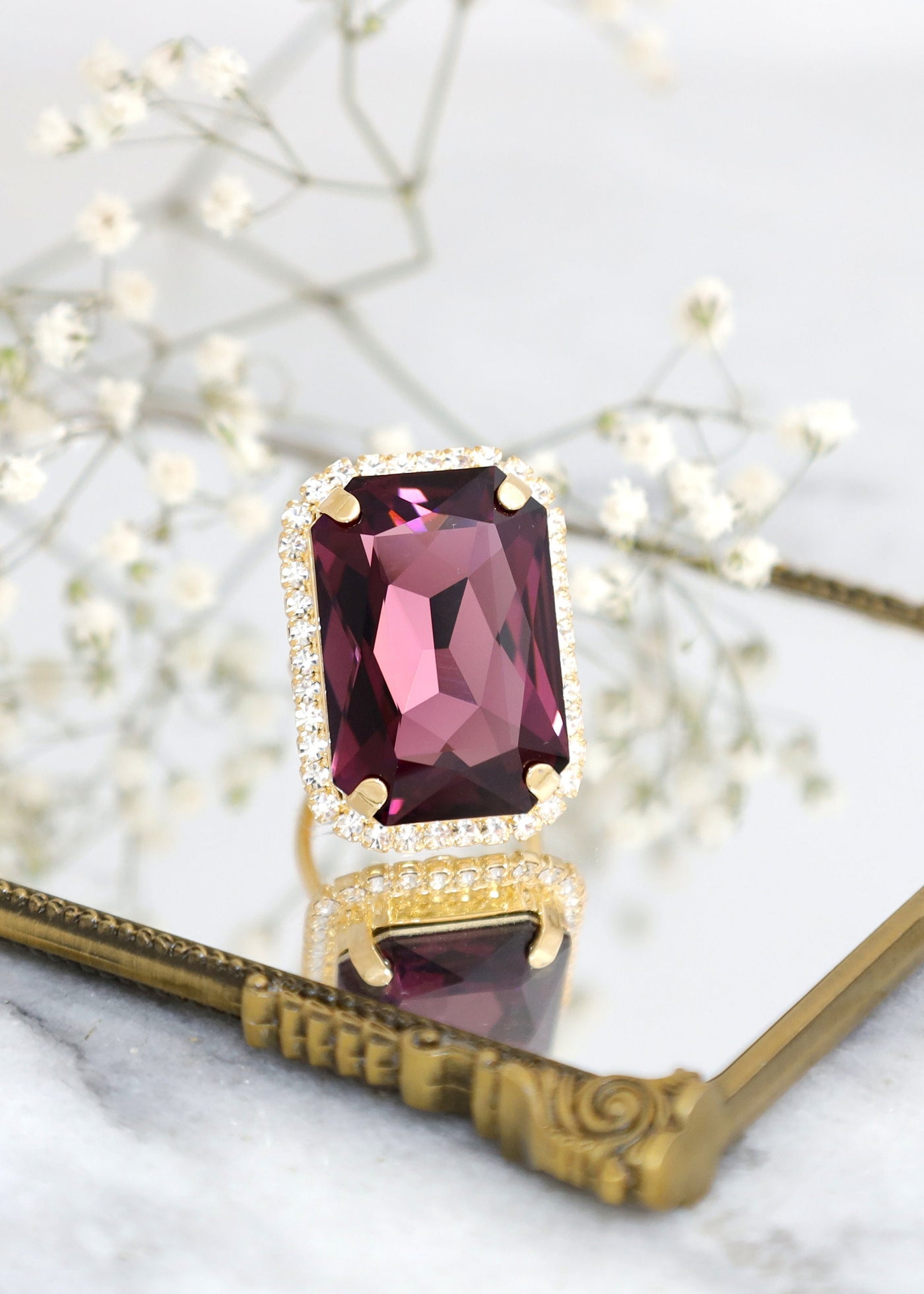 Purple Cocktail Crystal Ring, Purple Amethyst Statement Crystal Ring, Purple Statement Gold Crystal Ring, Adjustable Cocktail Purple Ring