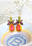 Multi Color Earrings, Orange Green Drop Earrings, Orange Purple Crystal Earrings, Orange Crystal Tropical Earrings, Orange Purple Earrings