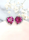 Heart Stud Earrings, Fuchsia Pink Crystal Heart Earrings, Pink Crystal Stud Earrings, Valentines Gift For Her, Pink Heart Statement Earrings