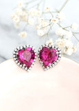 Heart Stud Earrings, Fuchsia Pink Crystal Heart Earrings, Pink Crystal Stud Earrings, Valentines Gift For Her, Pink Heart Statement Earrings