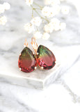Pink Green Earrings, Tourmaline Crystal Drop Earrings, Pink Bridal Lever Back Earrings, Bridesmaids Earrings, Tourmaline Crystal Earrings