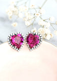 Heart Stud Earrings, Fuchsia Pink Crystal Heart Earrings, Pink Crystal Stud Earrings, Valentines Gift For Her, Pink Heart Statement Earrings