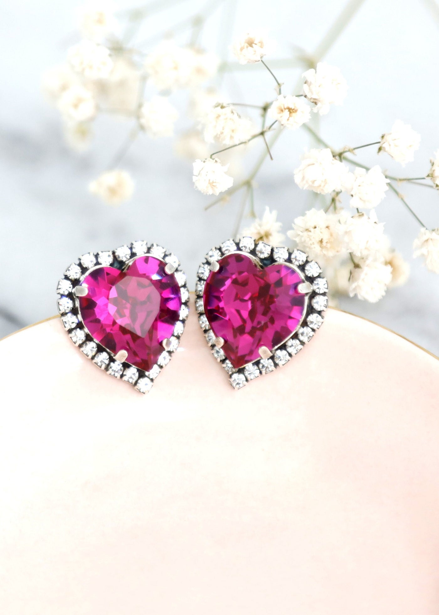Heart Stud Earrings, Fuchsia Pink Crystal Heart Earrings, Pink Crystal Stud Earrings, Valentines Gift For Her, Pink Heart Statement Earrings