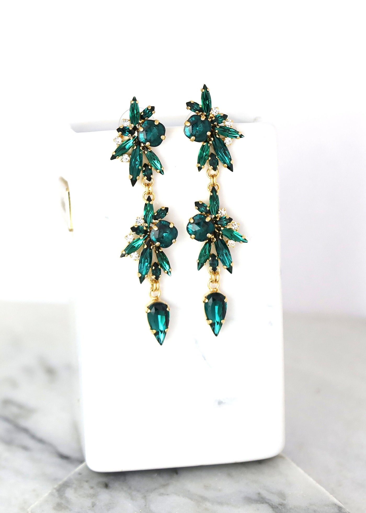Emerald Bridal Long Earrings, Green Emerald Crystal Chandelier Earrings, Bridal Dark Green Dangle Earrings, Bridal Green Crystal Earrings