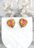 Heart Stud Earrings, Orange Crystal Heart Earrings, Orange Crystal Stud Earrings, Valentines Gift For Her, Hot Orange Statement Earrings