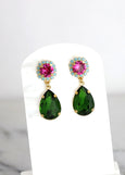 Green Pink Earrings, Green Peridot Pink Drop Earrings, Pink Green Chandelier Earrings, Green Pink Crystal Earrings, Pink Green Jewelry